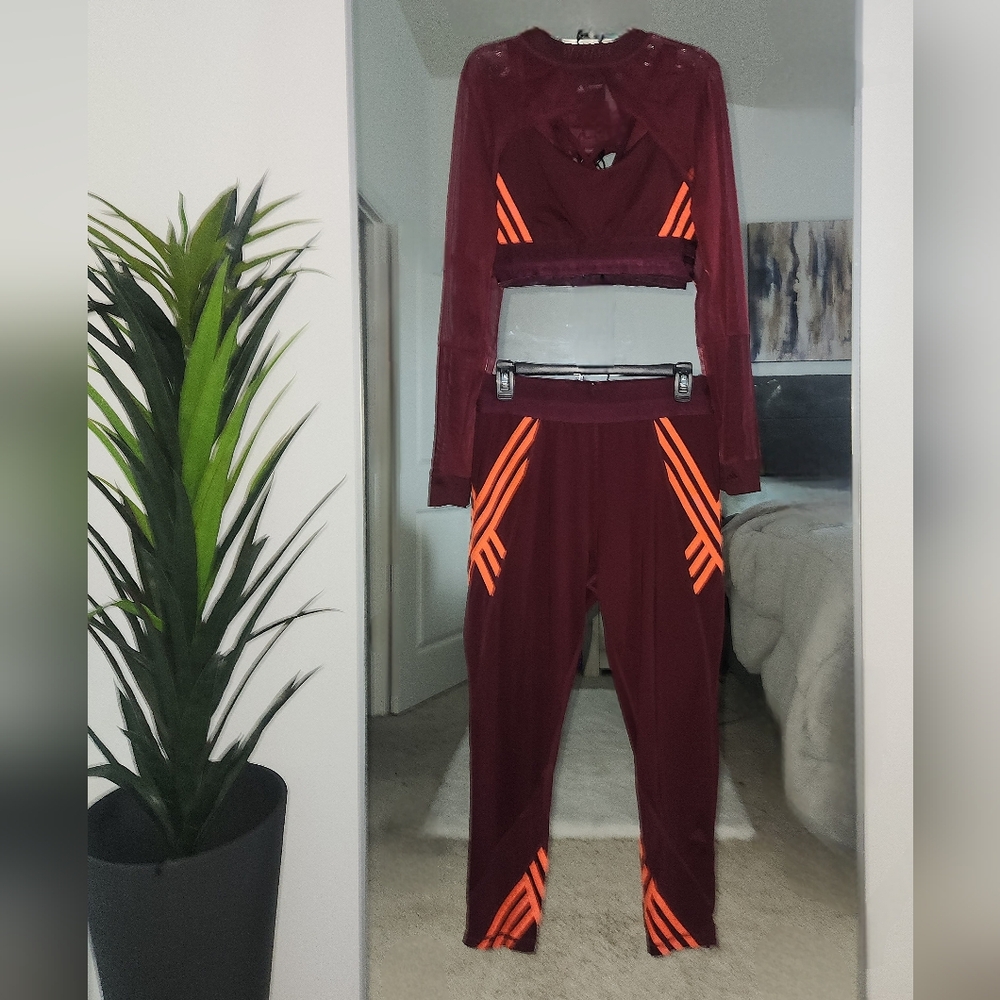 Adidas x Ivy Park Shrug, Strappy Cutout Bra & 7/8 Tights, Maroon/Solar Orange, L